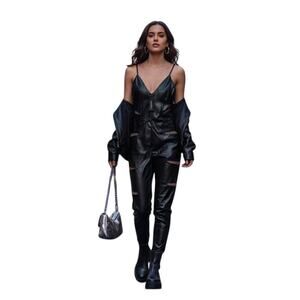 NWT LaMarque Jada Vegan Leather Jumpsuit Mesh Cutout Black Edgy Size S
